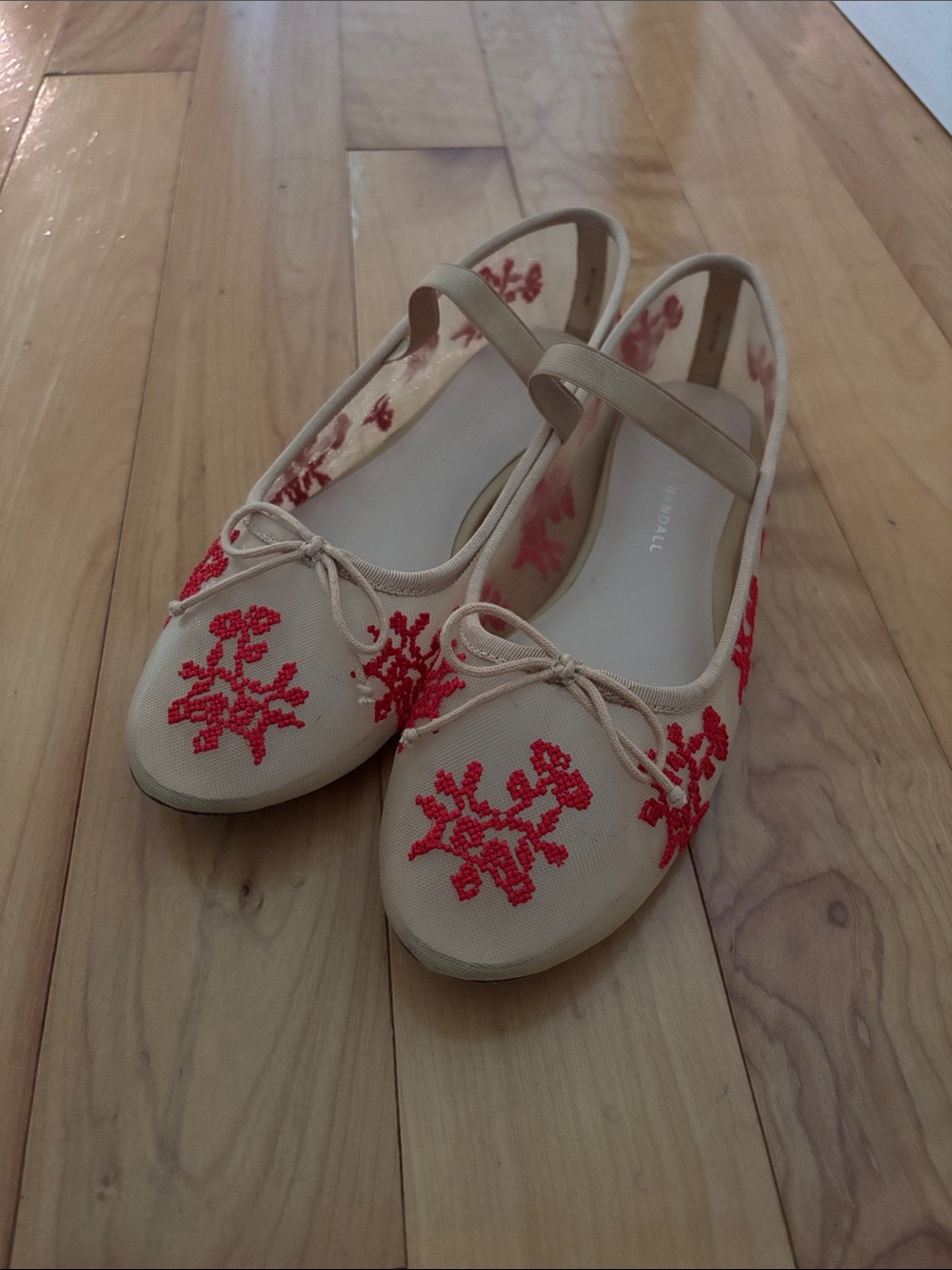 Loeffler Randall Beige Slingback Flats with Red Embroidered Motifs